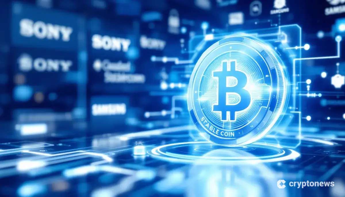大手企業のロゴが浮かぶデジタル金庫を背景に、ブランド化されたステーブルコインが発行される未来的なイメージ。