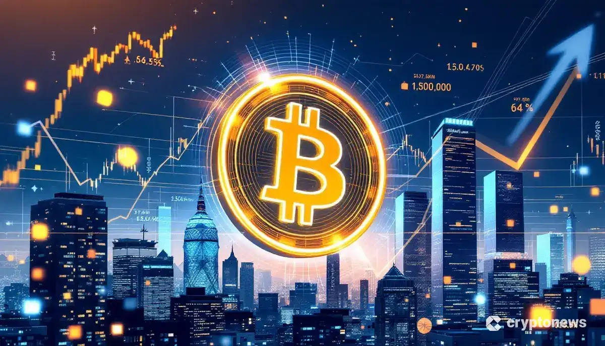 ビットコインを積極的に購入するメタプラネット社を象徴する、東京の街並みと上昇する株価チャートのイメージ