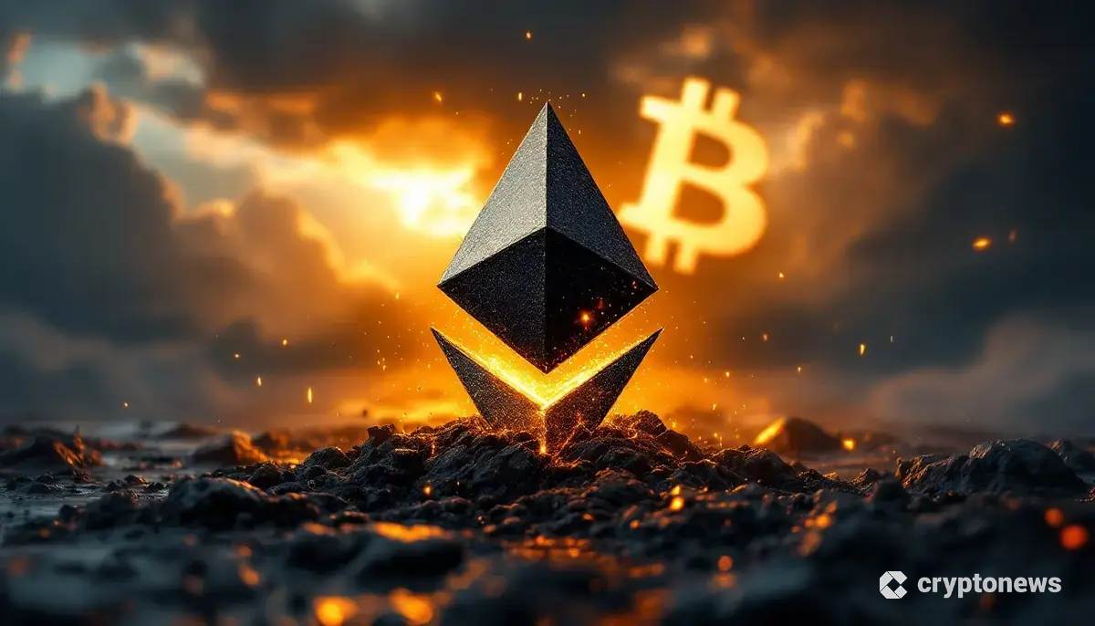 弱気相場を象徴する、下落するイーサリアムとビットコインのシンボル