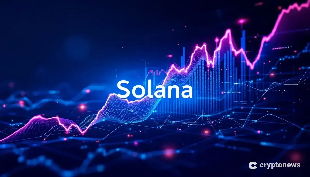 ソラナ(SOL)のロゴと上昇するチャートが描かれた未来的な金融インターフェース