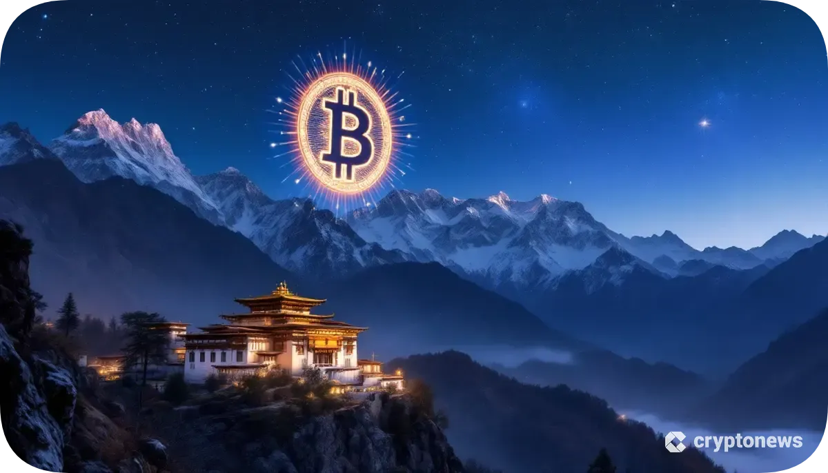 ヒマラヤ山脈の麓にあるブータンの寺院と、その上に浮かぶビットコインのシンボル