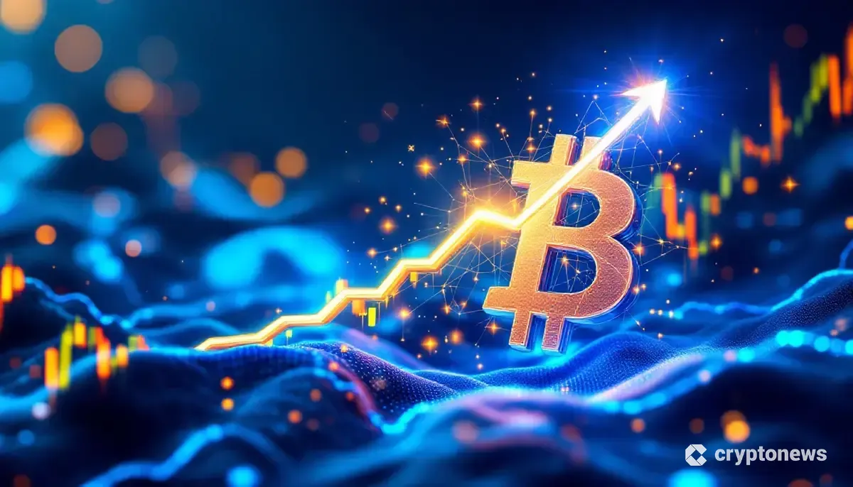 リップルのロゴが上昇し、ビットコインのシンボルから光のネットワークが広がる未来的なイメージ。