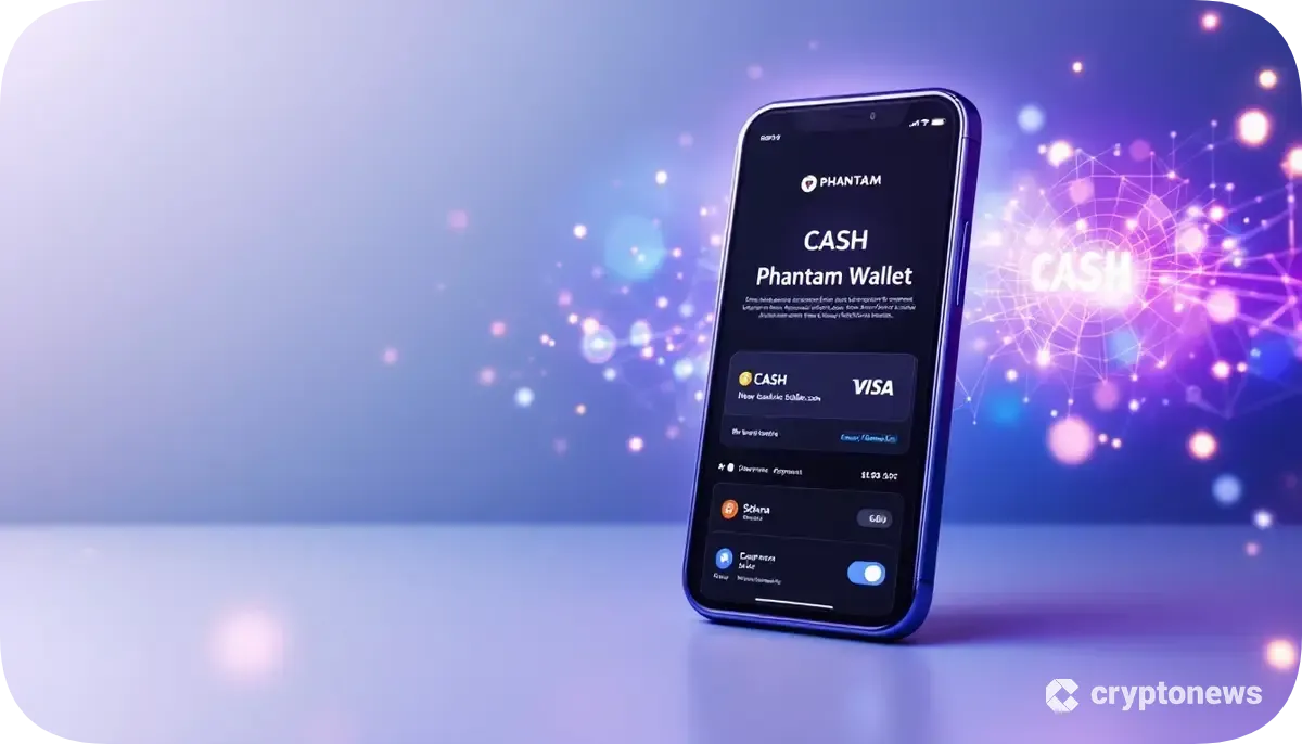 Phantomウォレットの決済プラットフォーム「Phantom Cash」を示すスマートフォンと、ソラナとVisaのロゴが融合した背景。