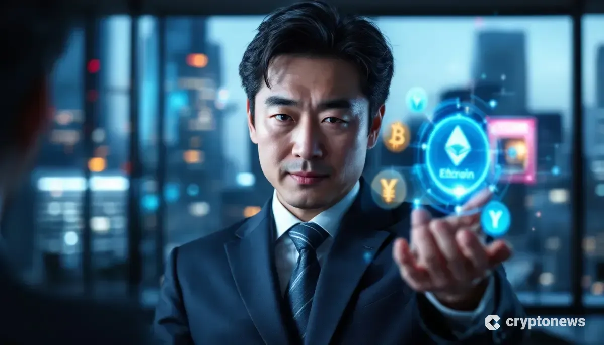 仮想通貨を担保にしたローンサービスを象徴する、ビットコインと日本円のアイコンが浮かぶ未来的な金融インターフェース。