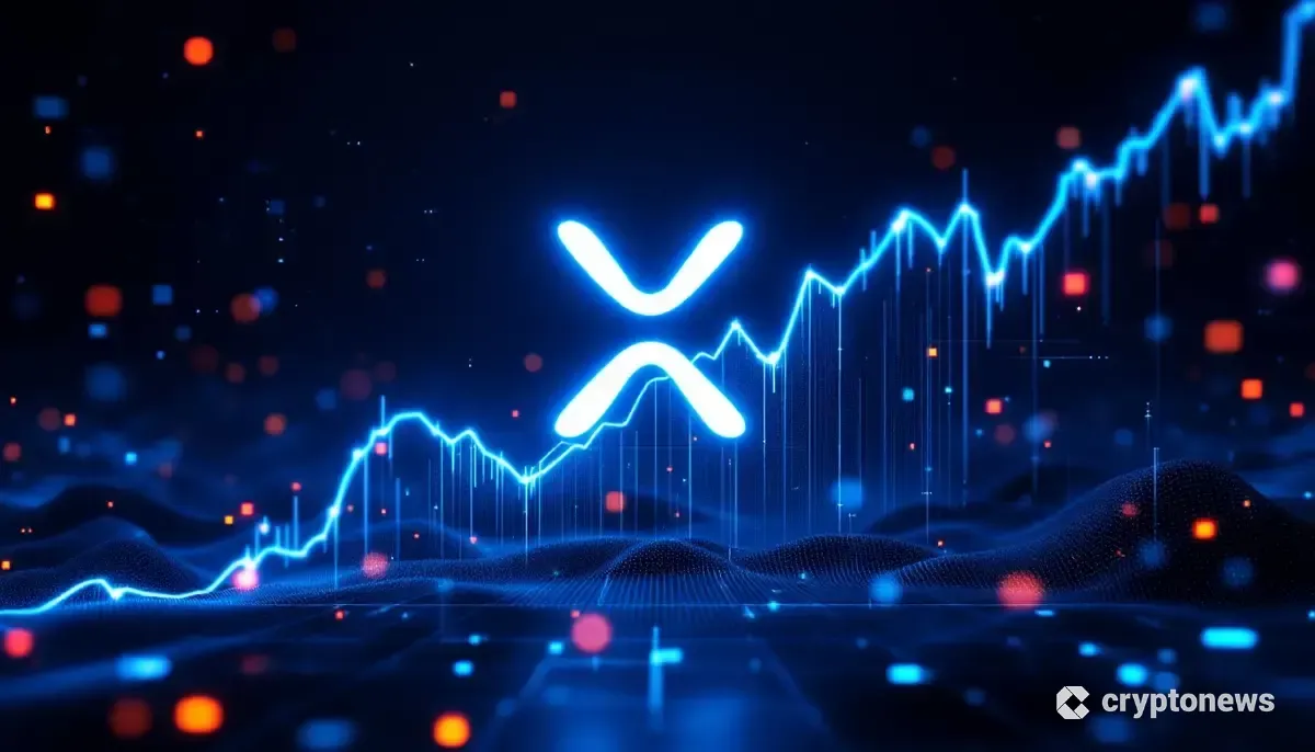 強気相場を示すチャートを背景にしたリップル（XRP）のロゴ