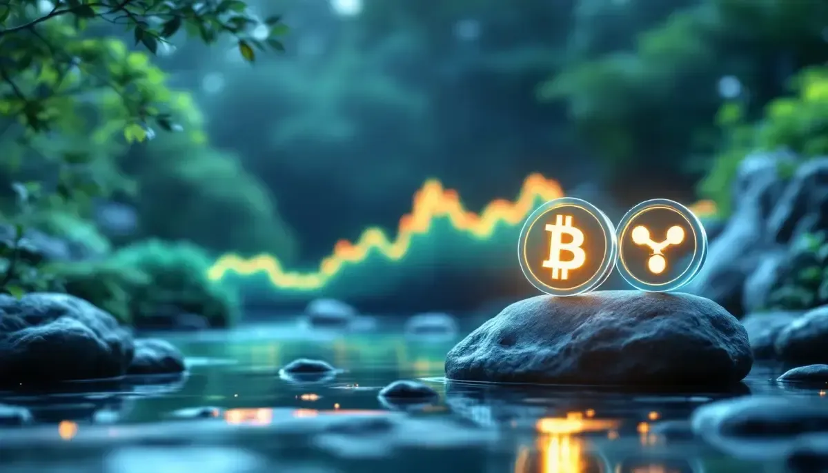 日本の仮想通貨投資における安定志向を示す、ビットコイン、イーサリアム、XRPのアイコンが置かれた落ち着いた庭園のイラスト
