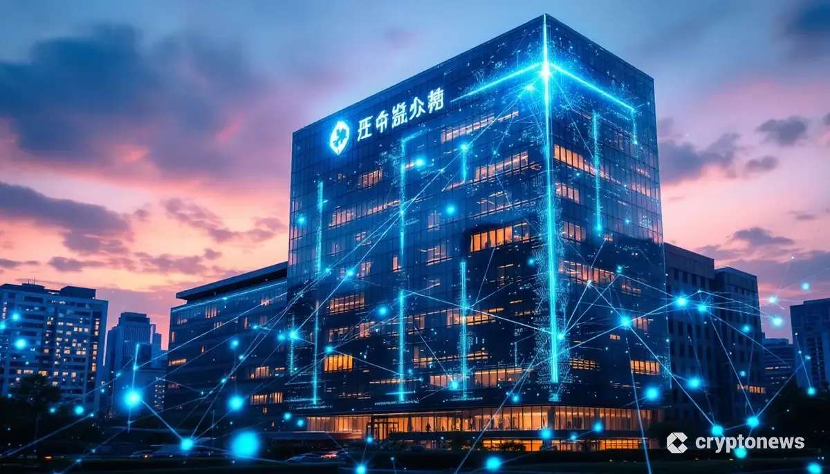 伝統的な金融機関のビルから青く光るデジタルデータが流れ出す、暗号資産市場への参入を象徴する画像