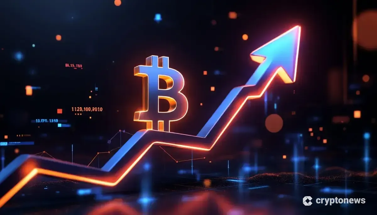 上昇するチャートを背景に輝くビットコインのロゴ