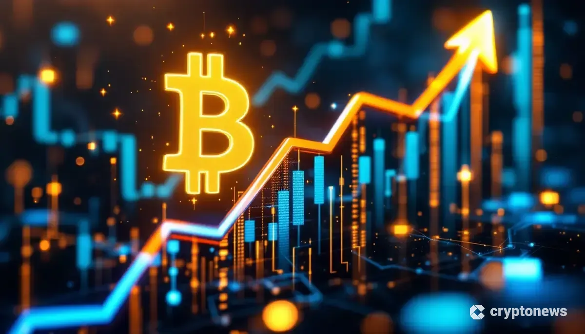 上昇するグラフと輝くビットコインとイーサリアムのシンボルが描かれた未来的な画像