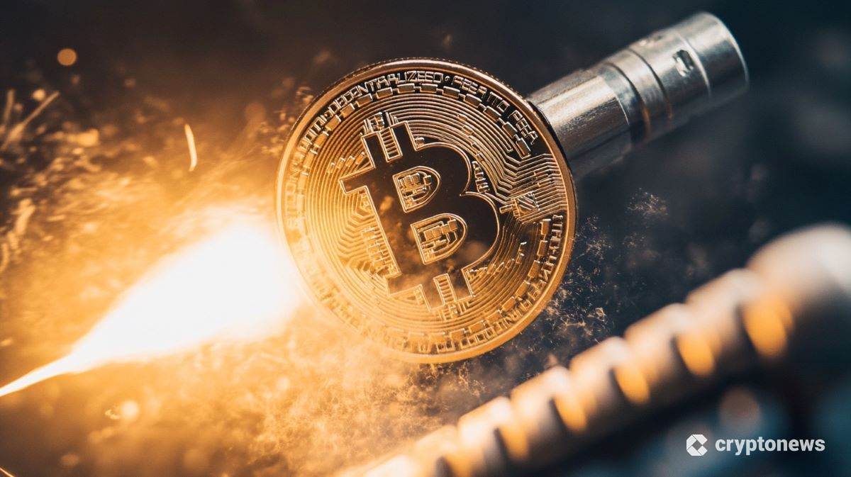 BTCがロケットに乗って発射しているイメージ