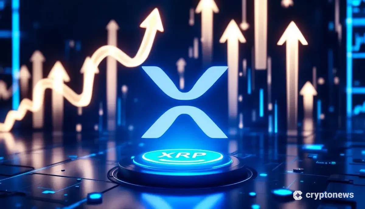 未来的な金融データの中で輝くリップル(XRP)のロゴと上昇するチャート。