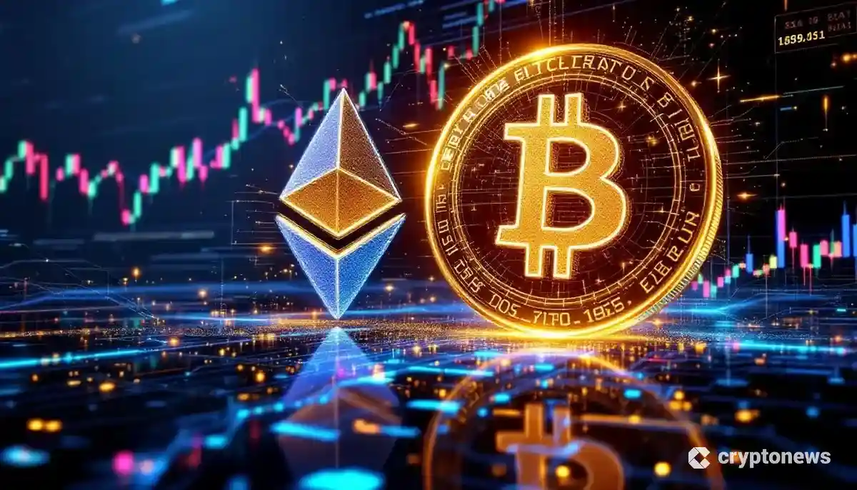 輝くビットコインとイーサリアムのロゴに、資金流入を示すデジタルデータが流れ込む未来的なイメージ。