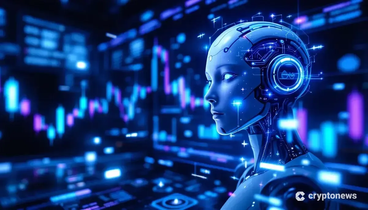 市場のデータを分析するAIロボットと仮想通貨のチャート