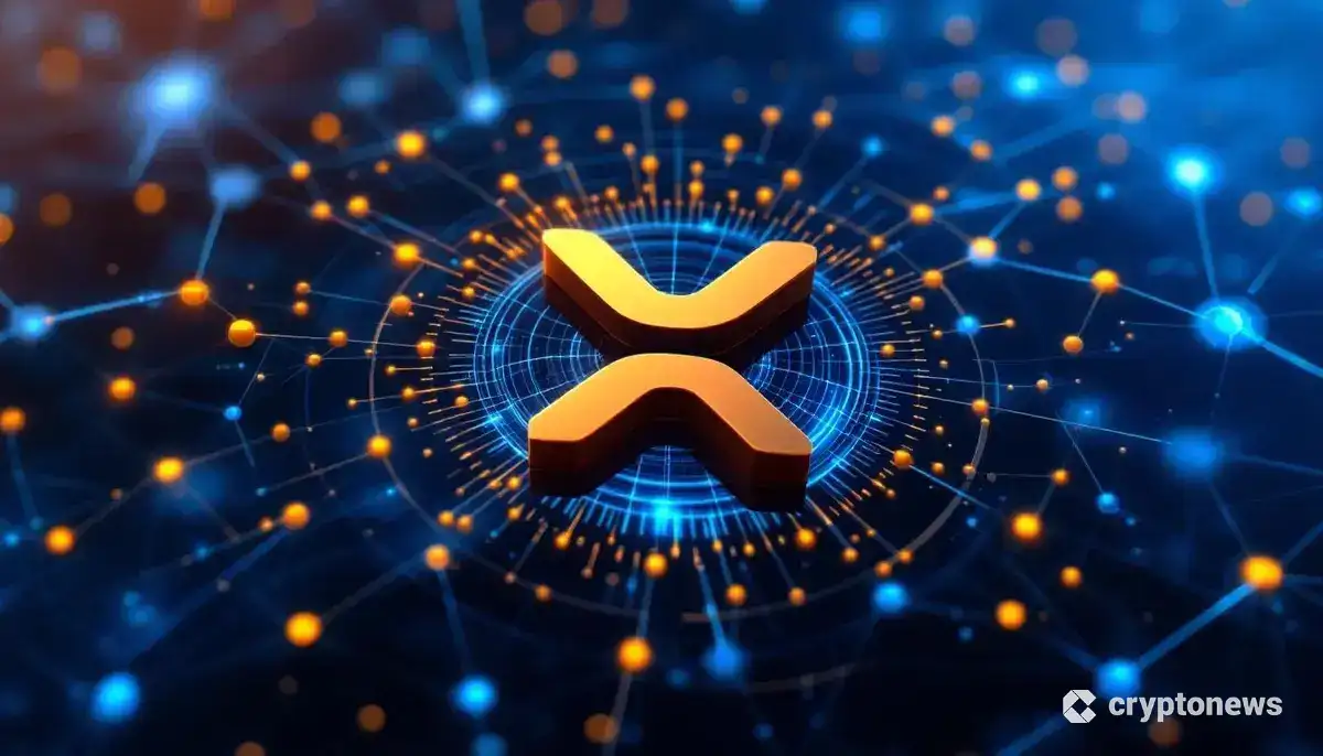リップルのXRPロゴが、企業の財務システムネットワークと統合される様子を描いた未来的なイメージ