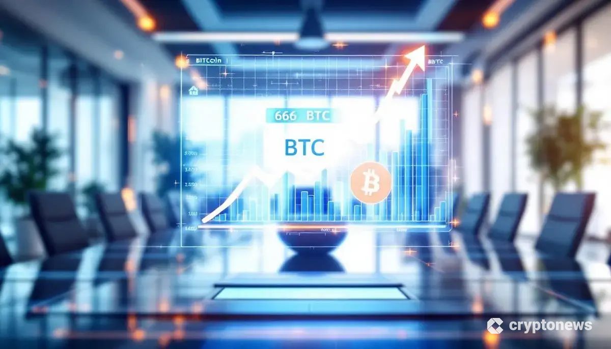 企業の役員室に浮かぶビットコインの価格チャートと保有量を示す未来的なインターフェース