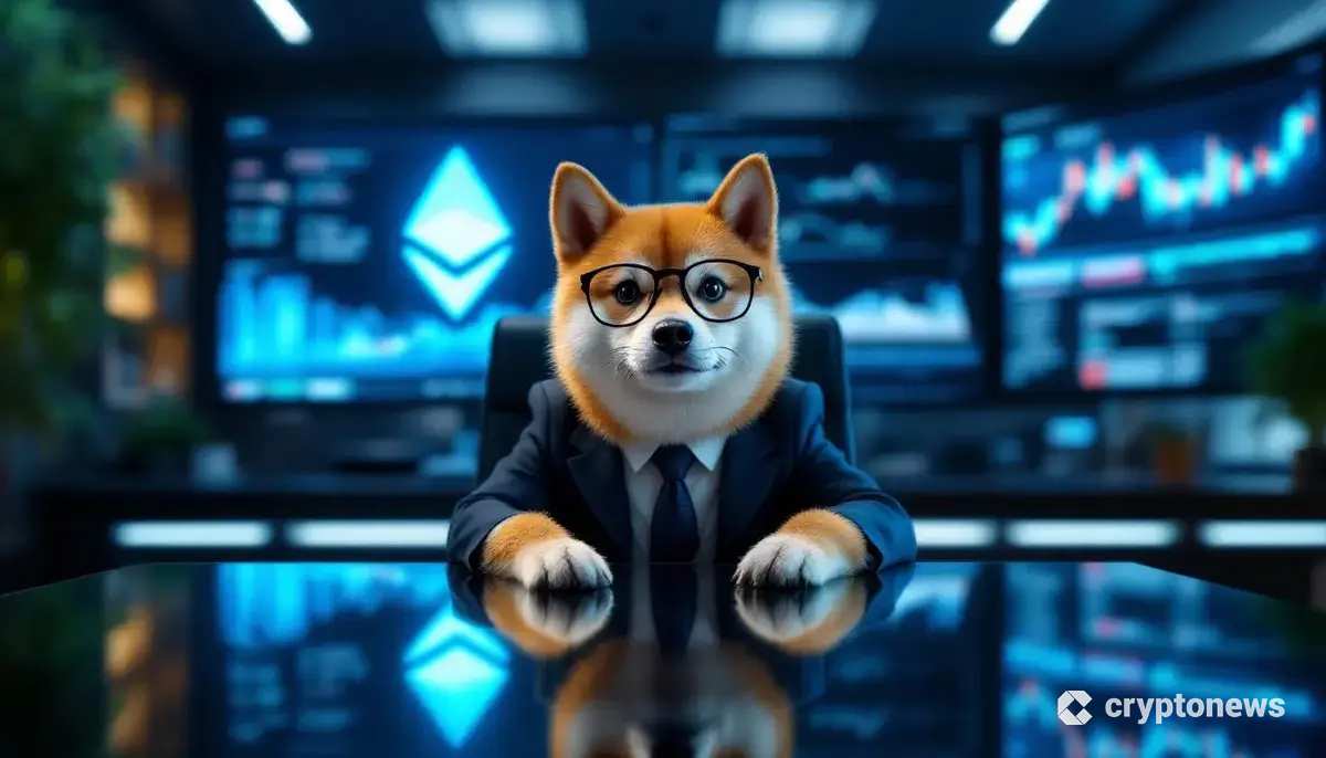 スーツを着てCEOの机に座る柴犬と、背景に表示される仮想通貨のチャート