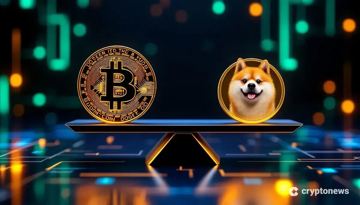 輝く天秤の上で対比されるビットコインとドージコインのシンボル