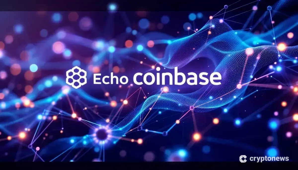 Coinbaseロゴとデジタルネットワークが融合する未来的なイメージ