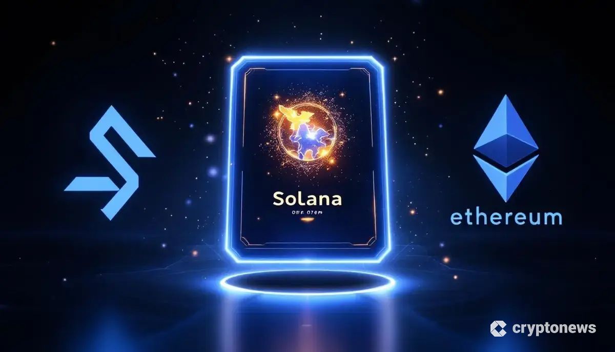 SolanaとEthereumのロゴの間で光る、未来的なNFTカードパック