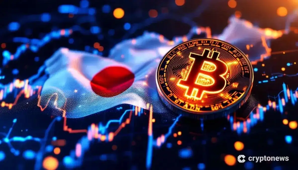 ビットコインのロゴと日本国旗が融合したシンボルが輝く未来的な金融インターフェース