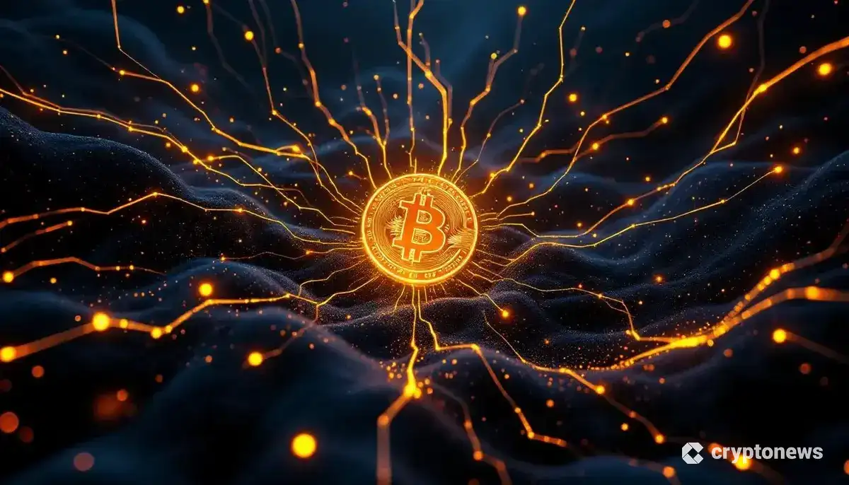 暗闇に浮かぶ輝くビットコインに、デジタルの光が集まっていく様子を描いた未来的な画像