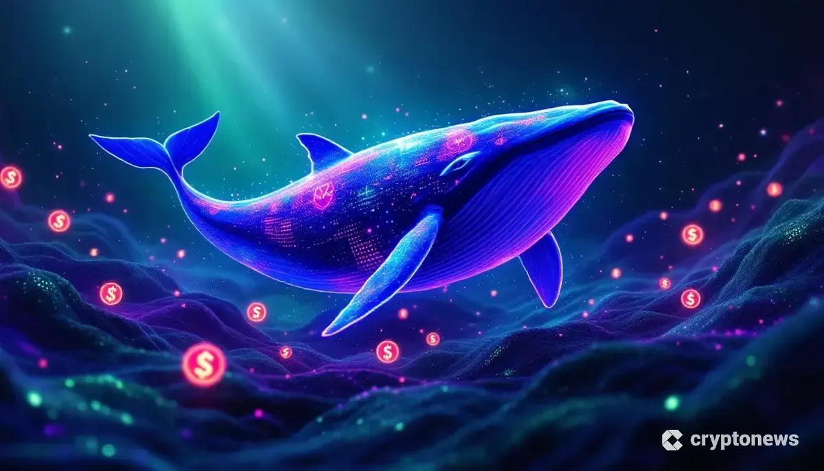 ソラナ(SOL)のブロックチェーンを象徴するデジタルな海を泳ぐクジラのイラスト