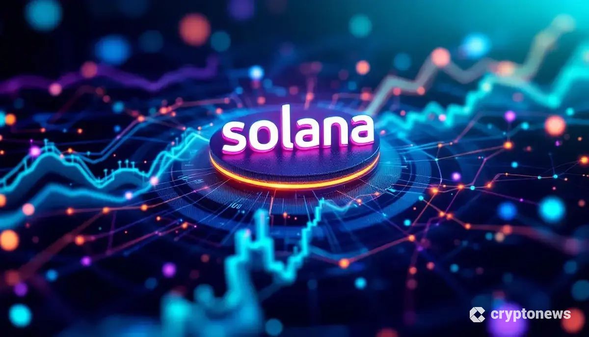 企業財務の成長とブロックチェーン革新を象徴する、輝くソラナ（SOL）のロゴとデジタルネットワーク。