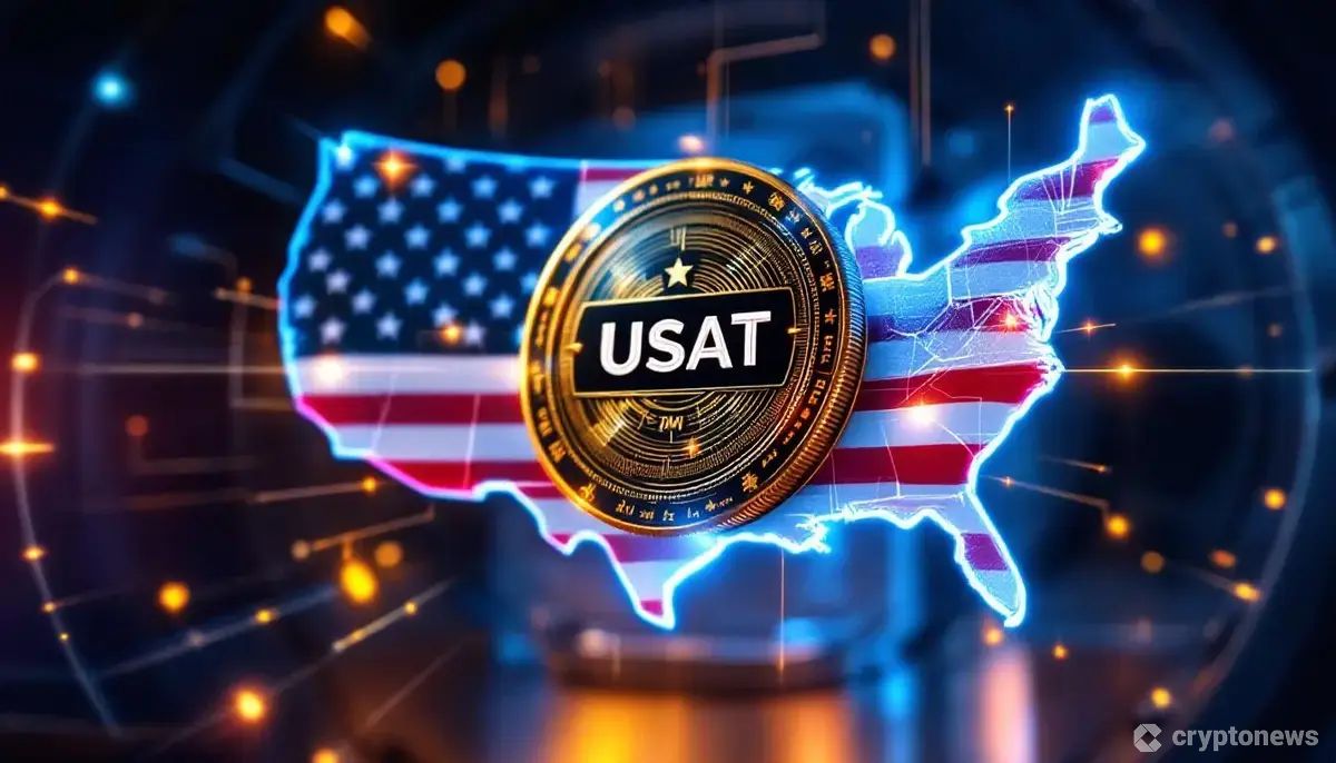 米国地図の上に浮かぶ、テザーの新ステーブルコインUSATを象徴するデジタルコイン