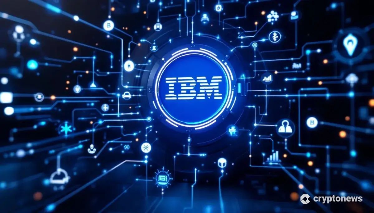 IBMのロゴが輝く未来的なデジタル金庫と、ブロックチェーンネットワークを示す抽象的なシンボル。