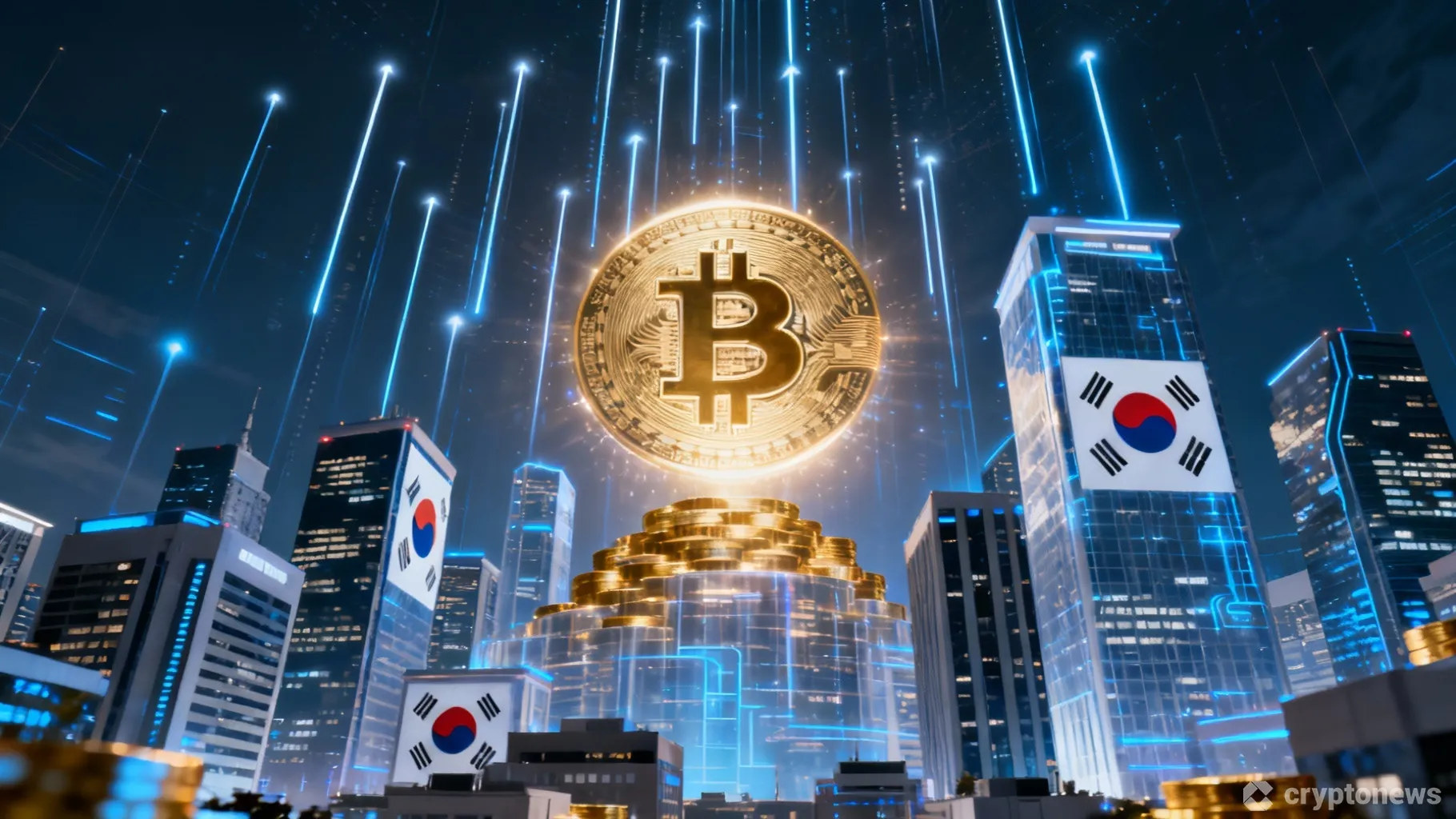 未来的なソウルの街並みの中央に輝くビットコインのシンボル