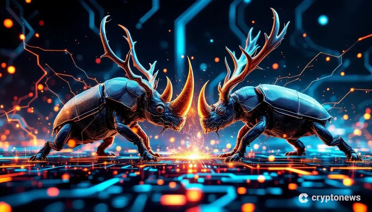 ブロックチェーン上で戦うカブトムシとクワガタムシのイメージ
