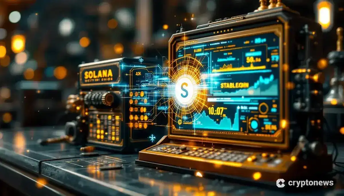 ウエスタンユニオンの伝統的な電信機が、ソラナブロックチェーンの未来的なデジタルインターフェースへと進化する様子