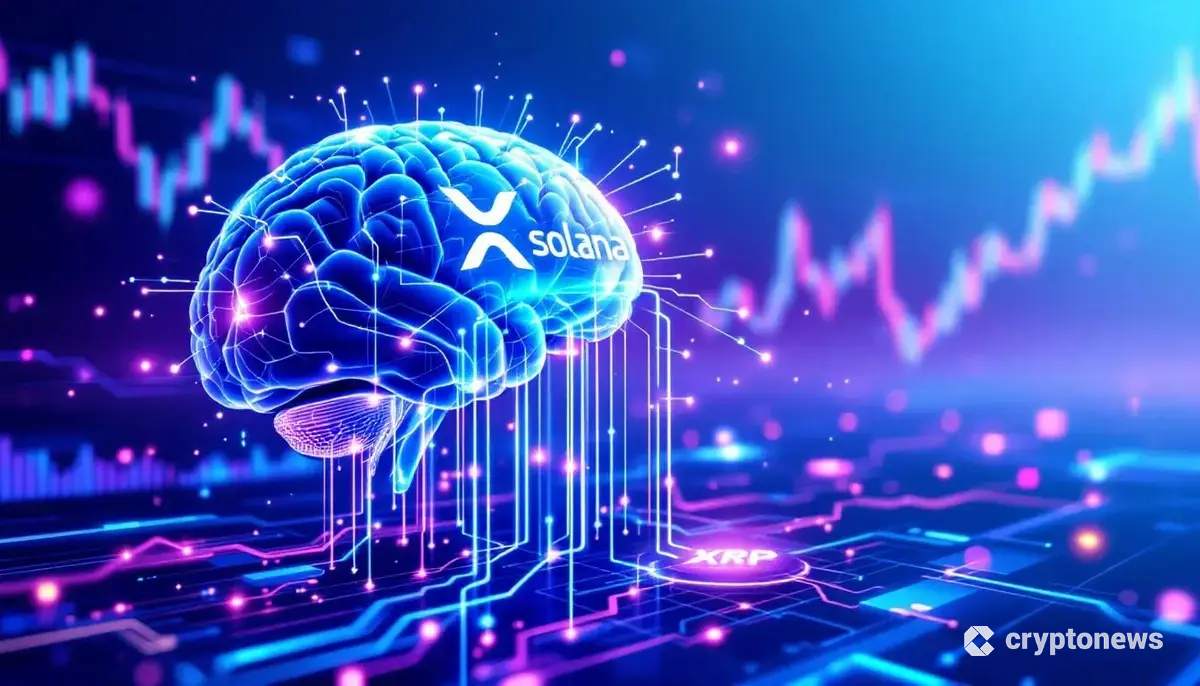 AIがソラナ（SOL）とリップル（XRP）の価格を予測する様子の未来的なイメージ