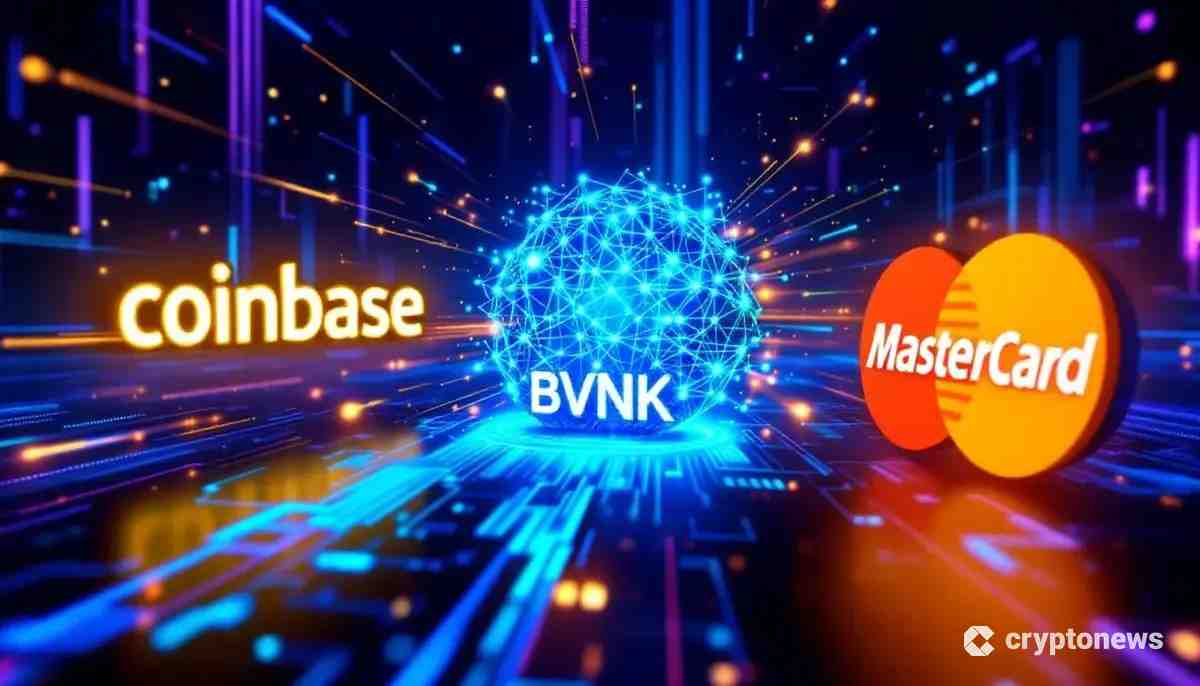 CoinbaseとMastercardのロゴがステーブルコイン企業BVNKを巡って競い合う未来的なイメージ。