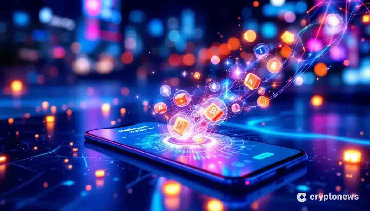 新しいデジタルウォレット「HashPort Wallet」を表示するスマートフォンと、未来的な大阪の街並み。