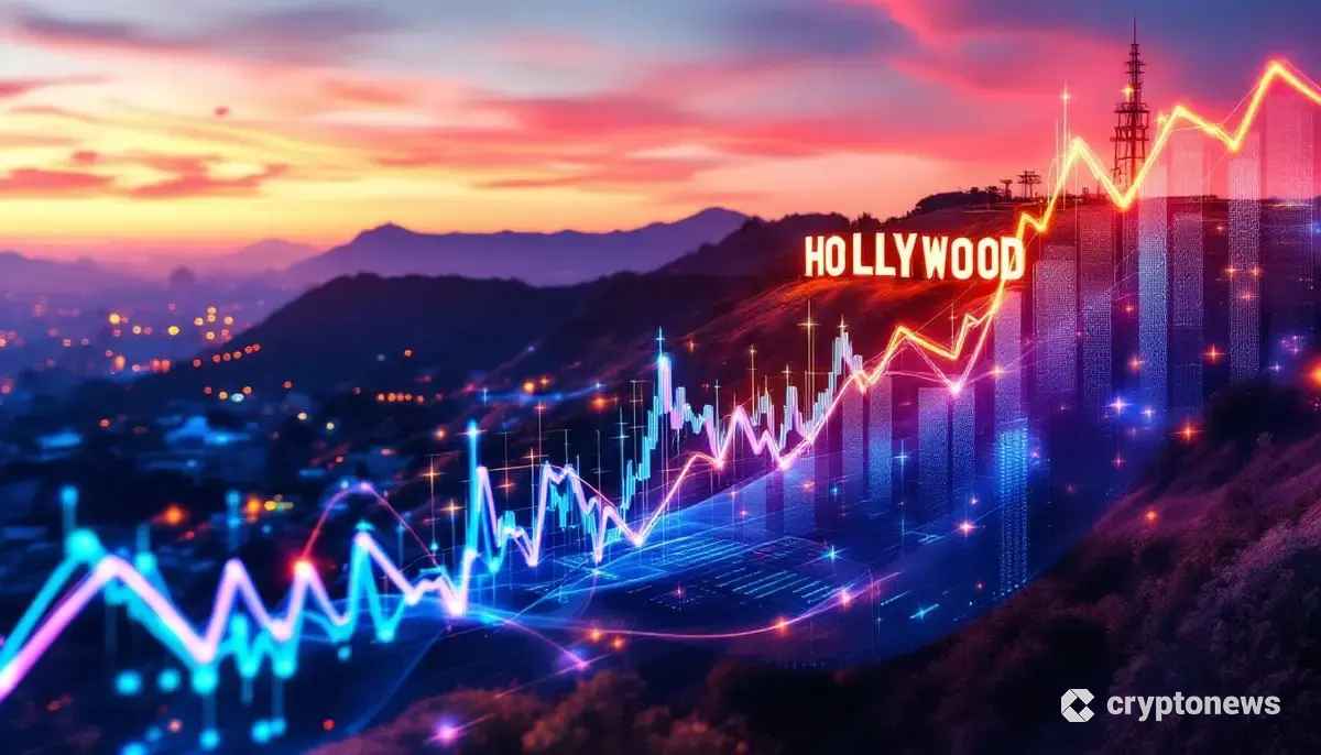 ハリウッドの看板と仮想通貨のネットワークが融合した未来的なイメージ