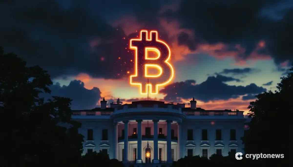 ホワイトハウスと仮想通貨のシンボルが描かれた象徴的な画像