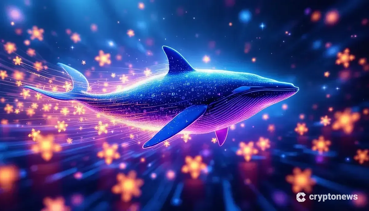 デジタル空間に浮かぶASTER仮想通貨ロゴとクジラをモチーフにした未来的アート