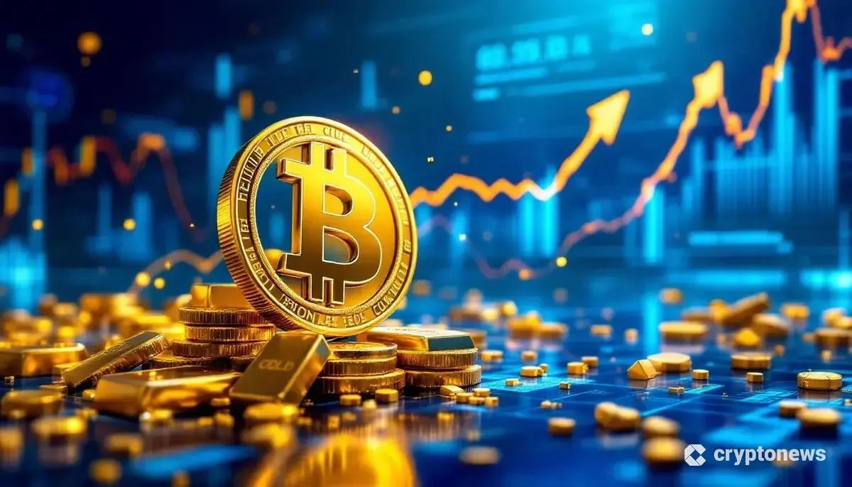 ビットコインと金の価格上昇を表現する未来的な金融ビジュアル