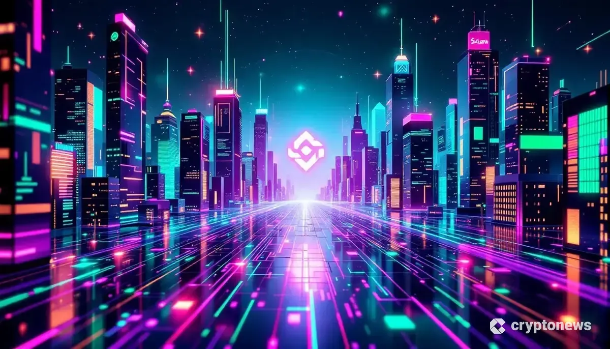 ソラナのロゴを中心に、未来的な都市とデータが流れるブロックチェーンのイメージ