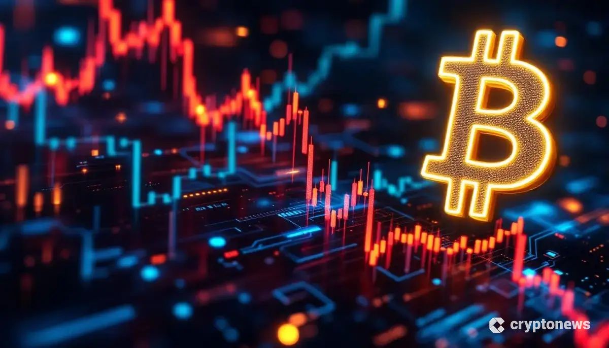 ビットコインのシンボルと下落する株価チャート