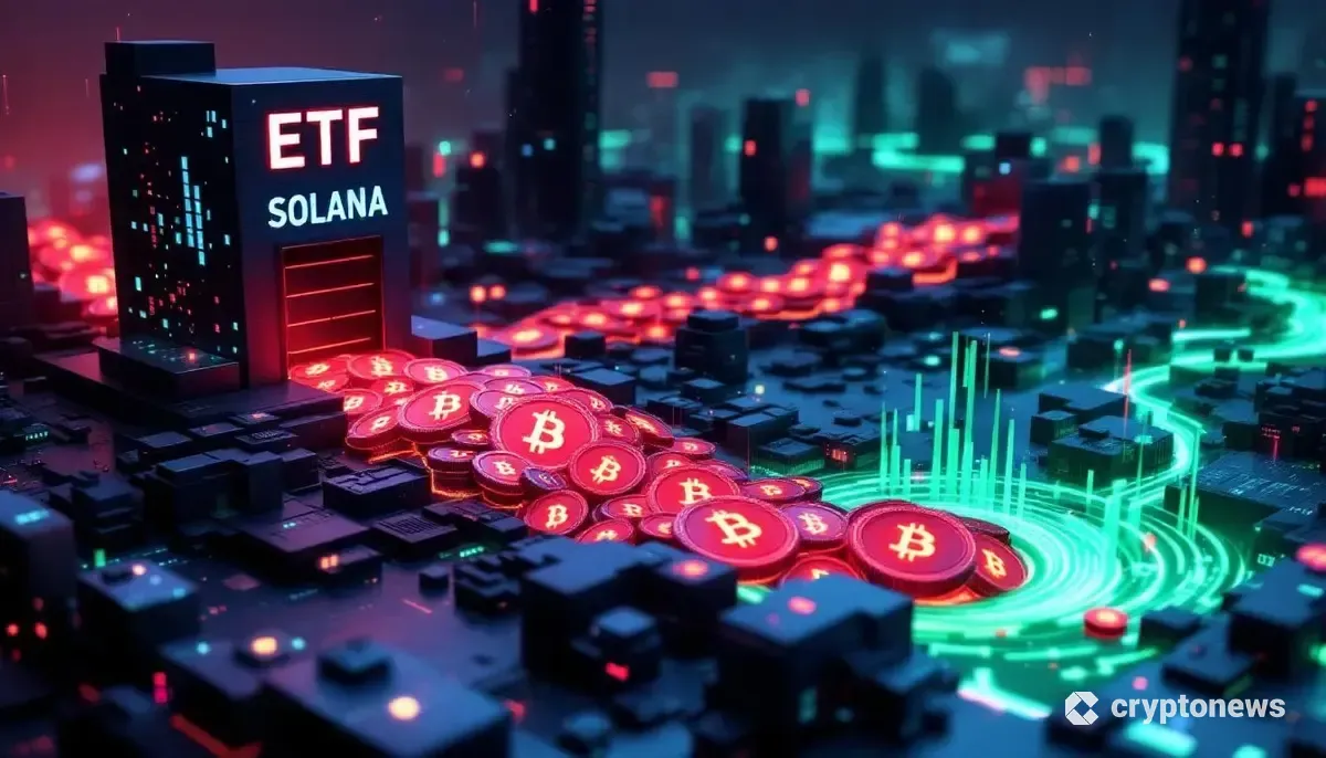 ETFから流出するビットコインと流入するソラナを象徴する未来的なデジタル通貨の流れの図