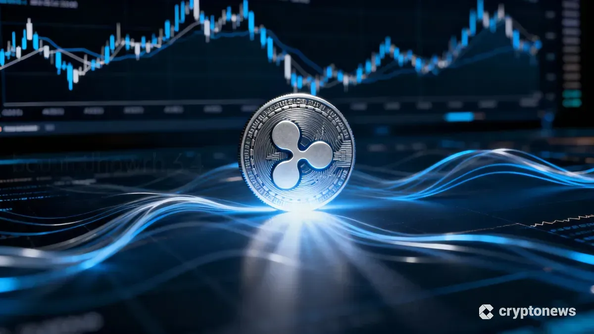 リップル（XRP）のロゴが輝き、背景に金融データが流れる未来的な画像