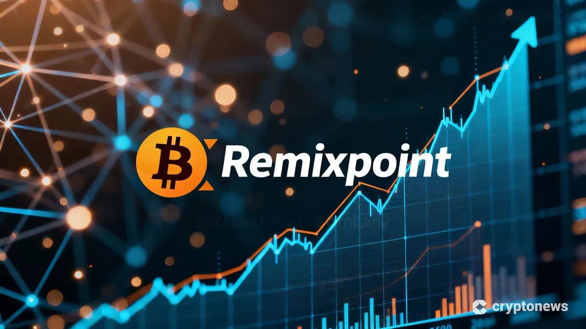 仮想通貨の価格上昇を示すチャートと抽象的なデジタルネットワークを背景にしたリミックスポイントのロゴ
