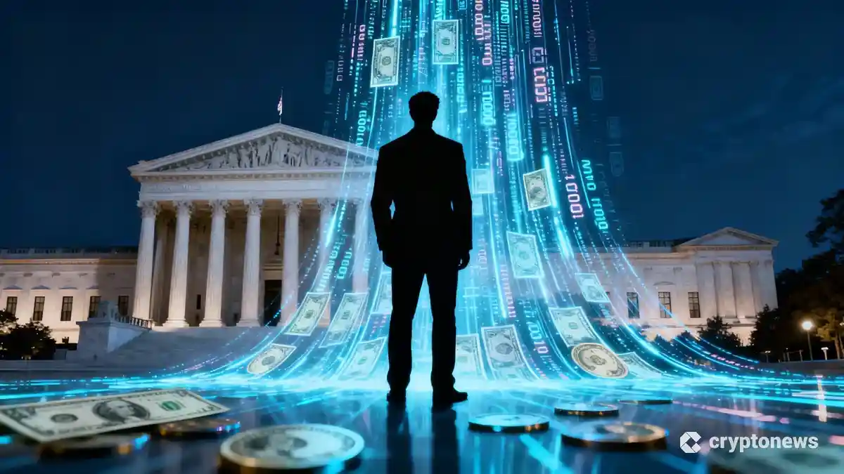 米国の司法制度を象徴する建物の前で、巨額の金融取引を暗示するデジタル通貨の流れを見つめる人物のシルエット