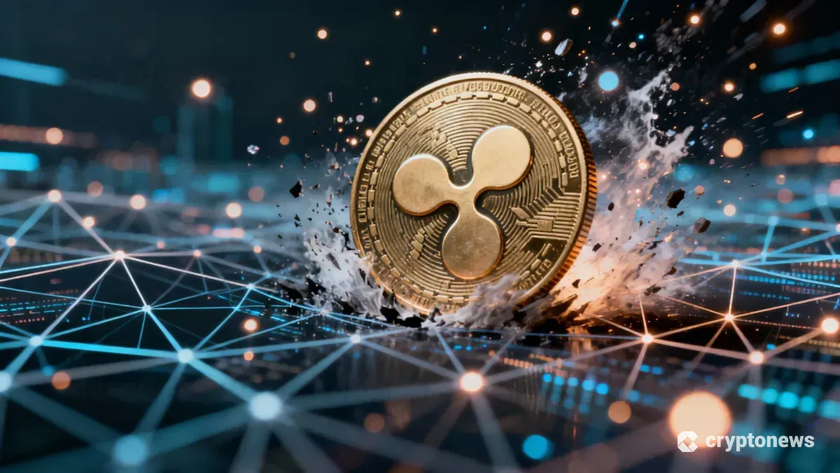 リップル(XRP)のコインが躍動し、デジタル金融市場を突き抜ける様子を象徴的に表現した画像