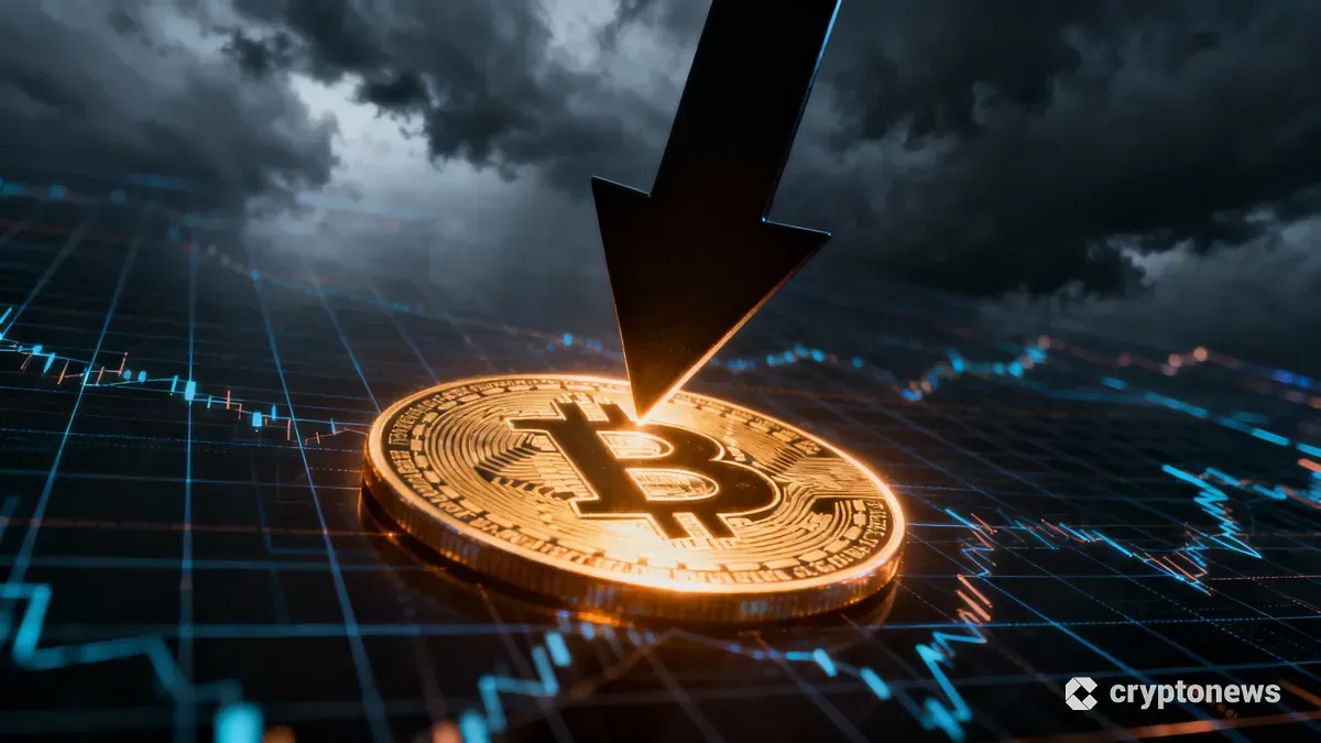 急落するビットコインのシンボルと下落トレンドを示す赤いグラフ
