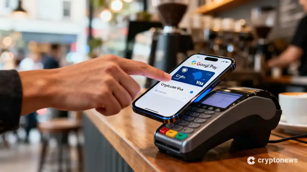 スマートフォンでGoogle Payを利用してCrypto.comカードで決済を行っている様子
