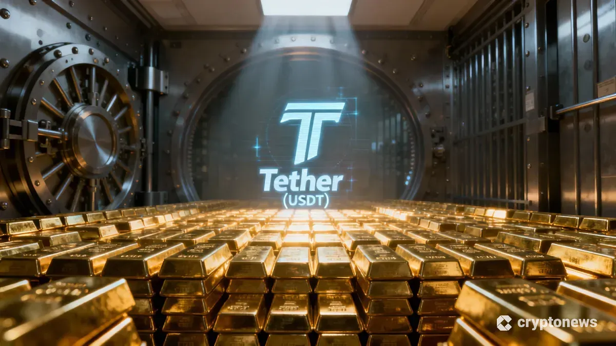 スイスの保管庫に積み上げられた大量の金塊とテザー社のロゴ