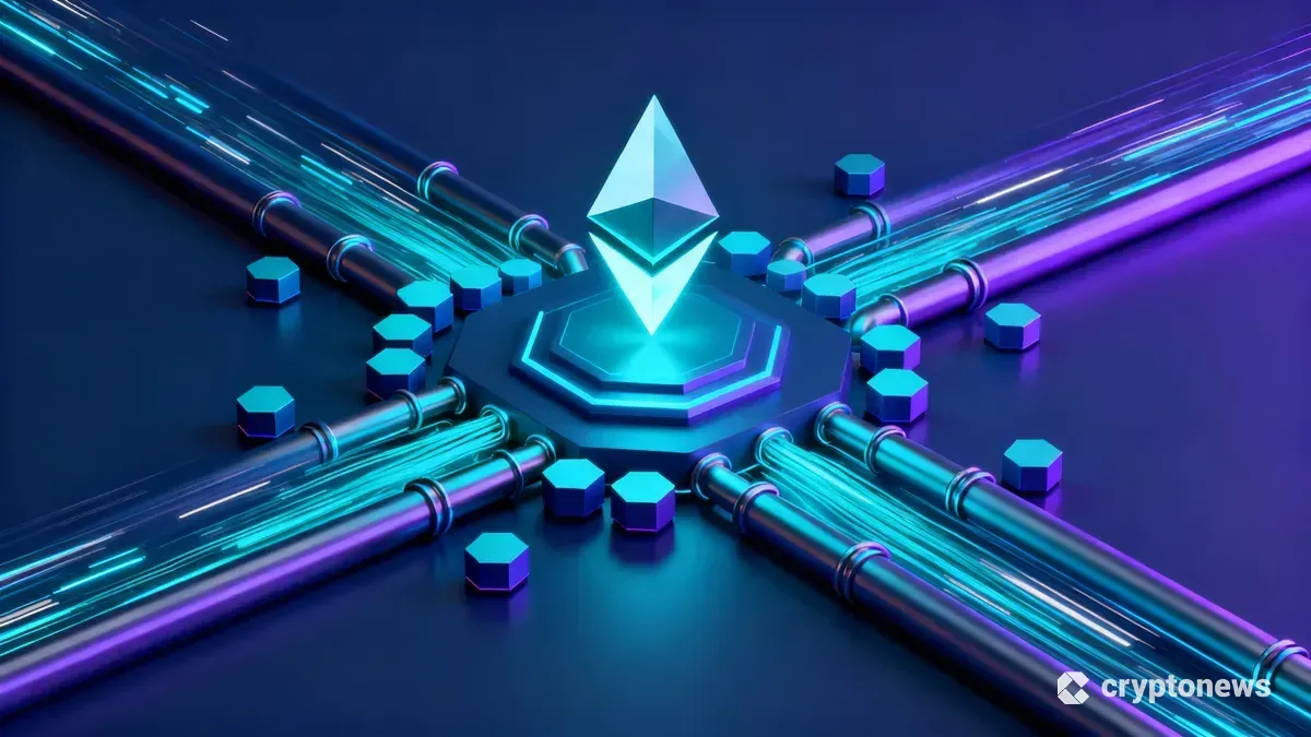 イーサリアムのネットワーク容量拡大と高速データ処理を示す3Dアイソメトリック図